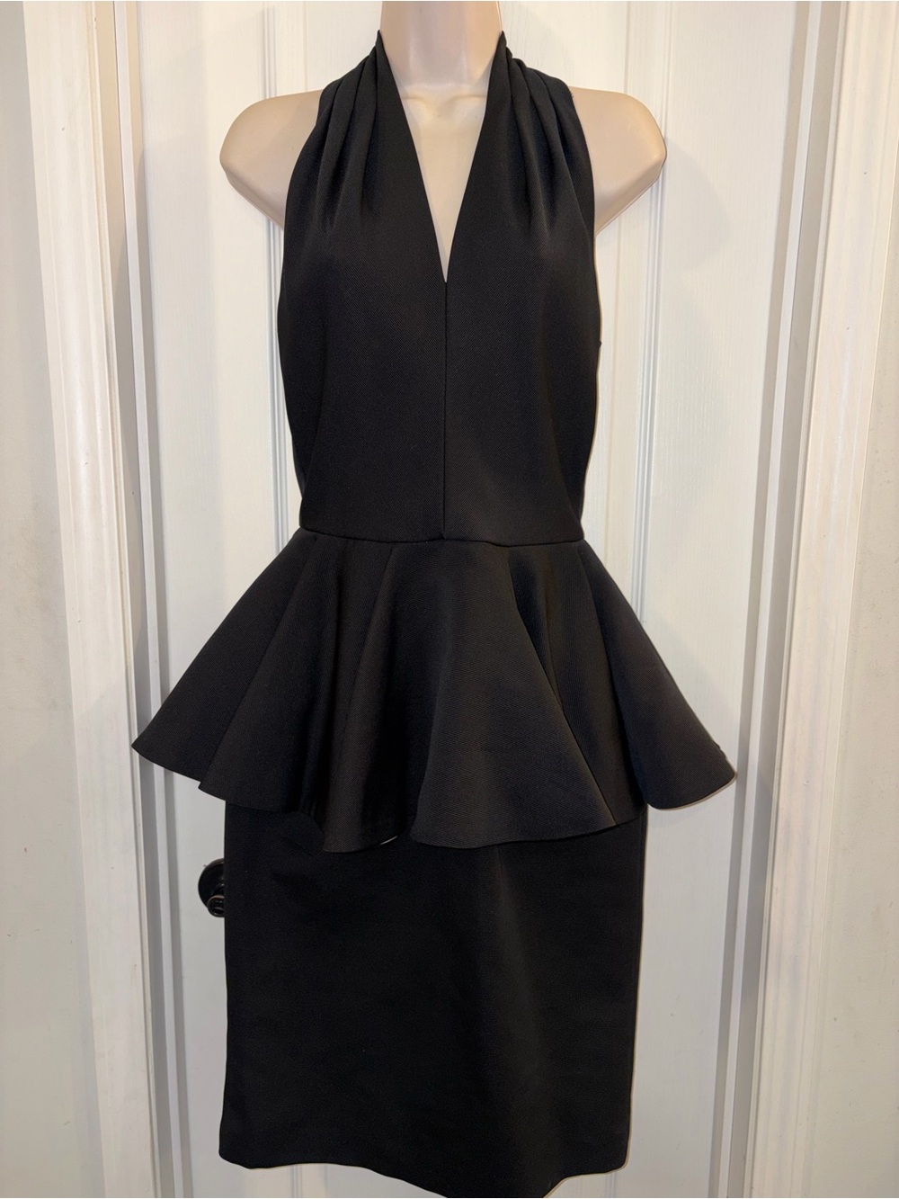 Caché Black Halter Peplum Cocktail Dress Open Back Size 8